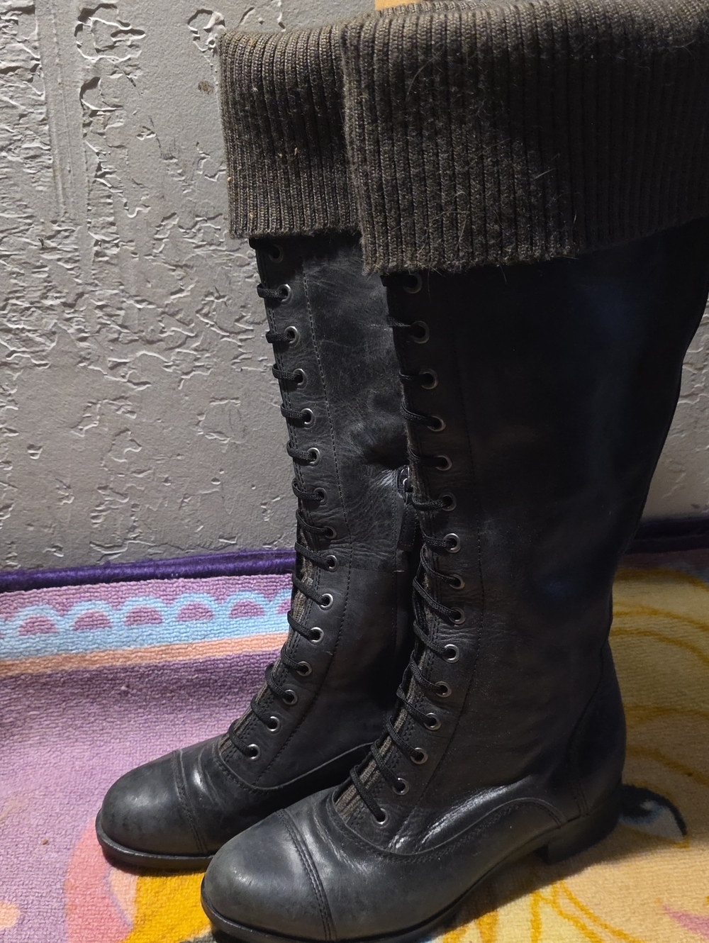 Cole Haan Black Lace-Up Knee-High Boots with Knit Cuff